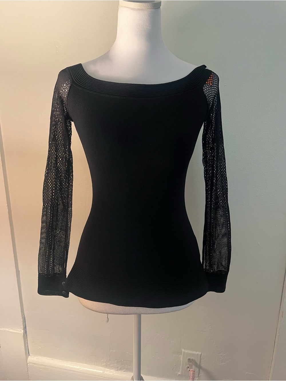 Black Designer Knit Top with Sheer Lace Sleeves